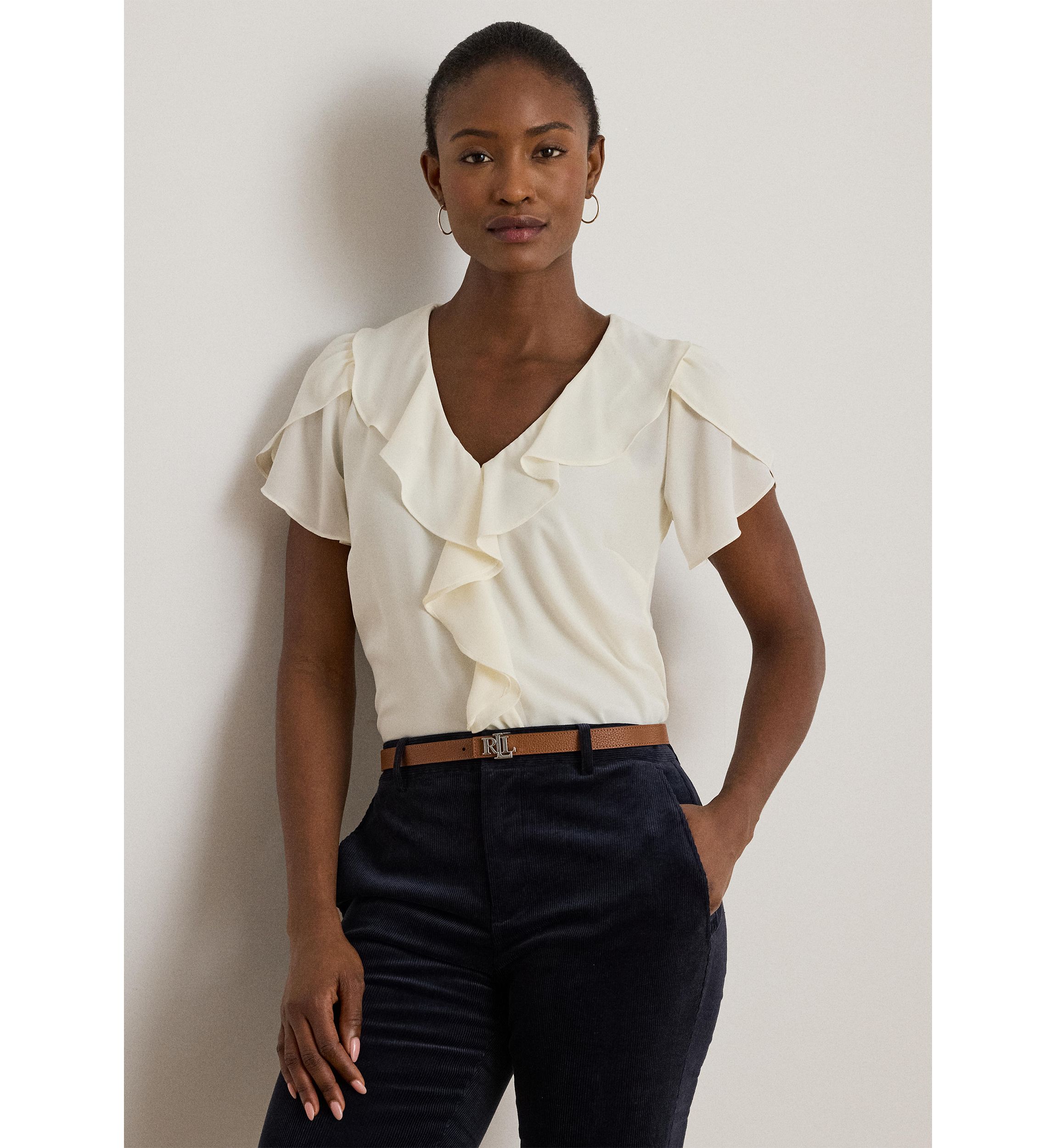 Womens Ruffle-Trim Georgette Blouse