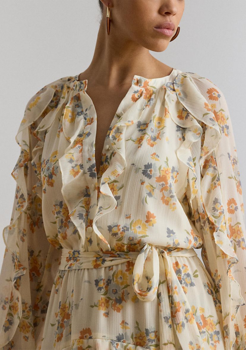 ralph lauren floral silk dress Spring/Summer 2008 yellow silk- georgette gown  Available for purchase at the shop An elegant cowlback the seasons floral motif and an empire waist lend to the timeless glamour of this sleeveless gown which is realized in luxuriously smooth satin charmeuse for a beautiful sheen and fluid drape. Polo Ralph Lauren Paisley-Print Mulberry