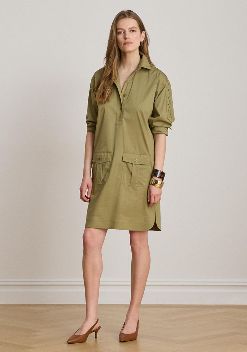 ralph lauren green lace dress Lauren Lace-Up-Trim Cotton-Blend Shirtdress FDS1901B