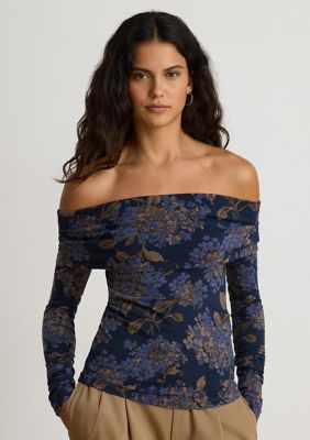Lauren Ralph Lauren Floral Jersey Off-the-Shoulder Top, Navy Blue, XS