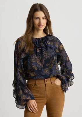 Lauren Ralph Lauren Women's Floral Ruffle-Trim Georgette Blouse, Navy Blue, XS
