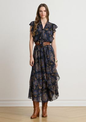 Lauren Ralph Lauren Women's Floral Crinkle Georgette Tie-Neck Dress, Navy Blue, 8