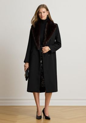 Lauren Ralph Lauren Women's Faux-Fur-Trim Double-Breasted Crepe Coat, Black, 6