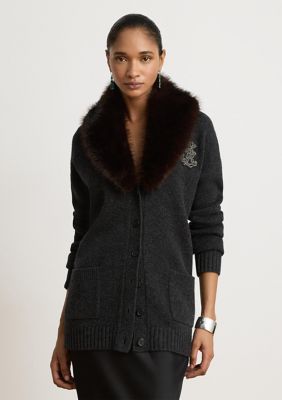 Lauren Ralph Lauren Women's Faux-Fur-Trim Wool-Cashmere Cardigan, Grey, XS