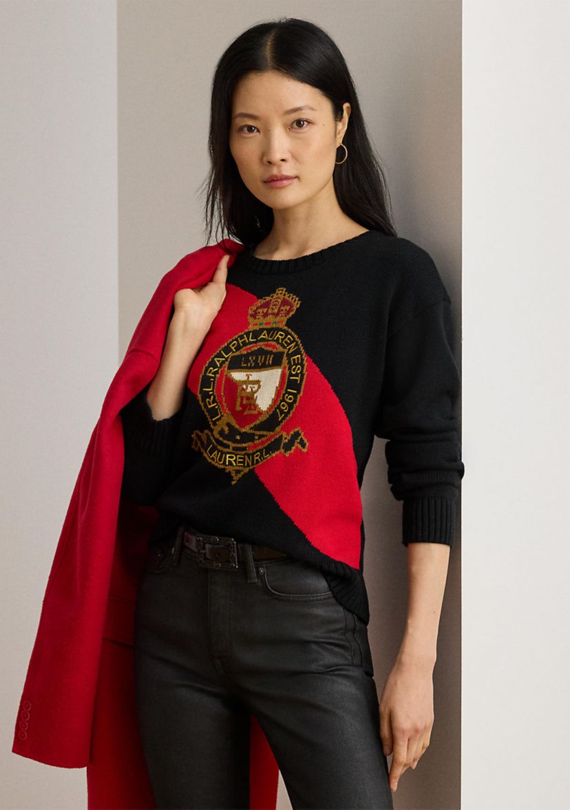 Womens Color-Blocked Crest Cotton Sweater