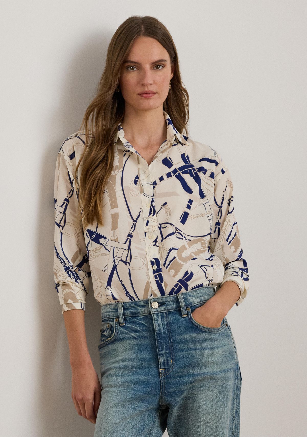 Relaxed Fit Belting-Print Crepe Shirt