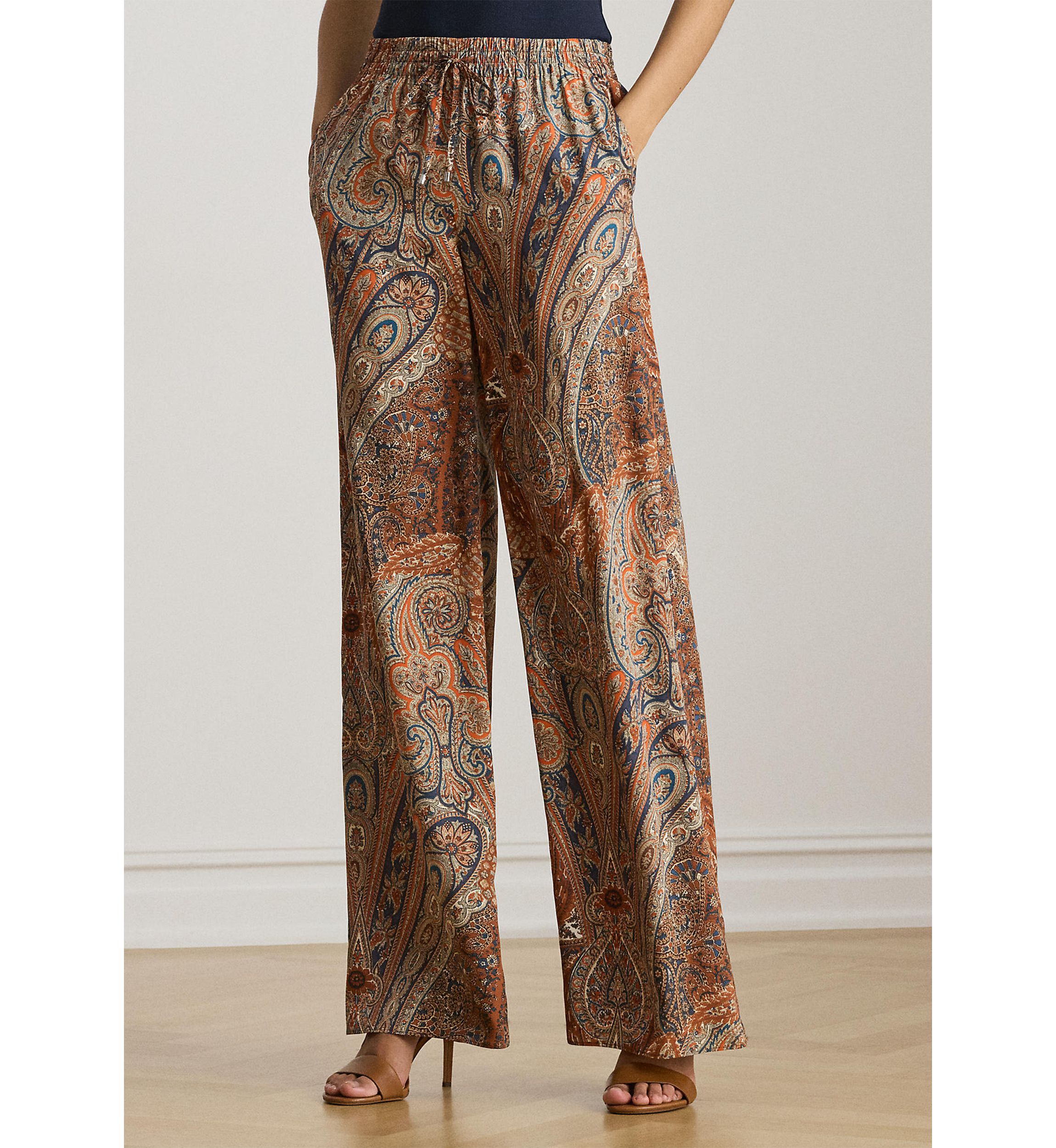 Womens Paisley Crepe Wide-Leg Pants