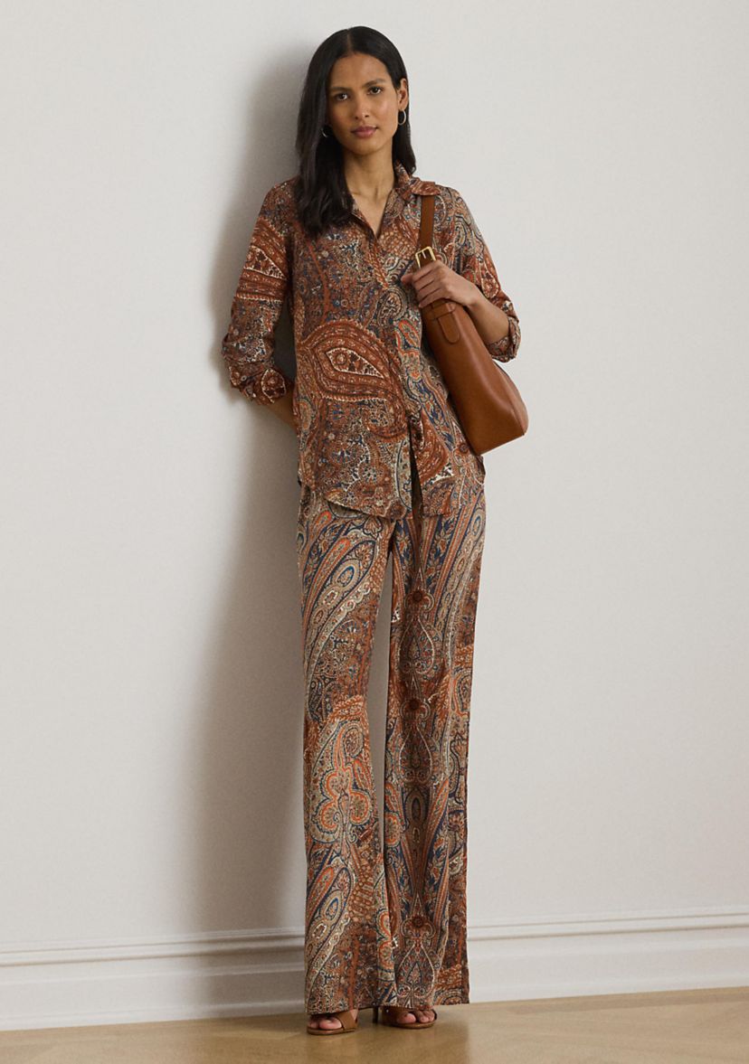 Womens Paisley Crepe Wide-Leg Pants