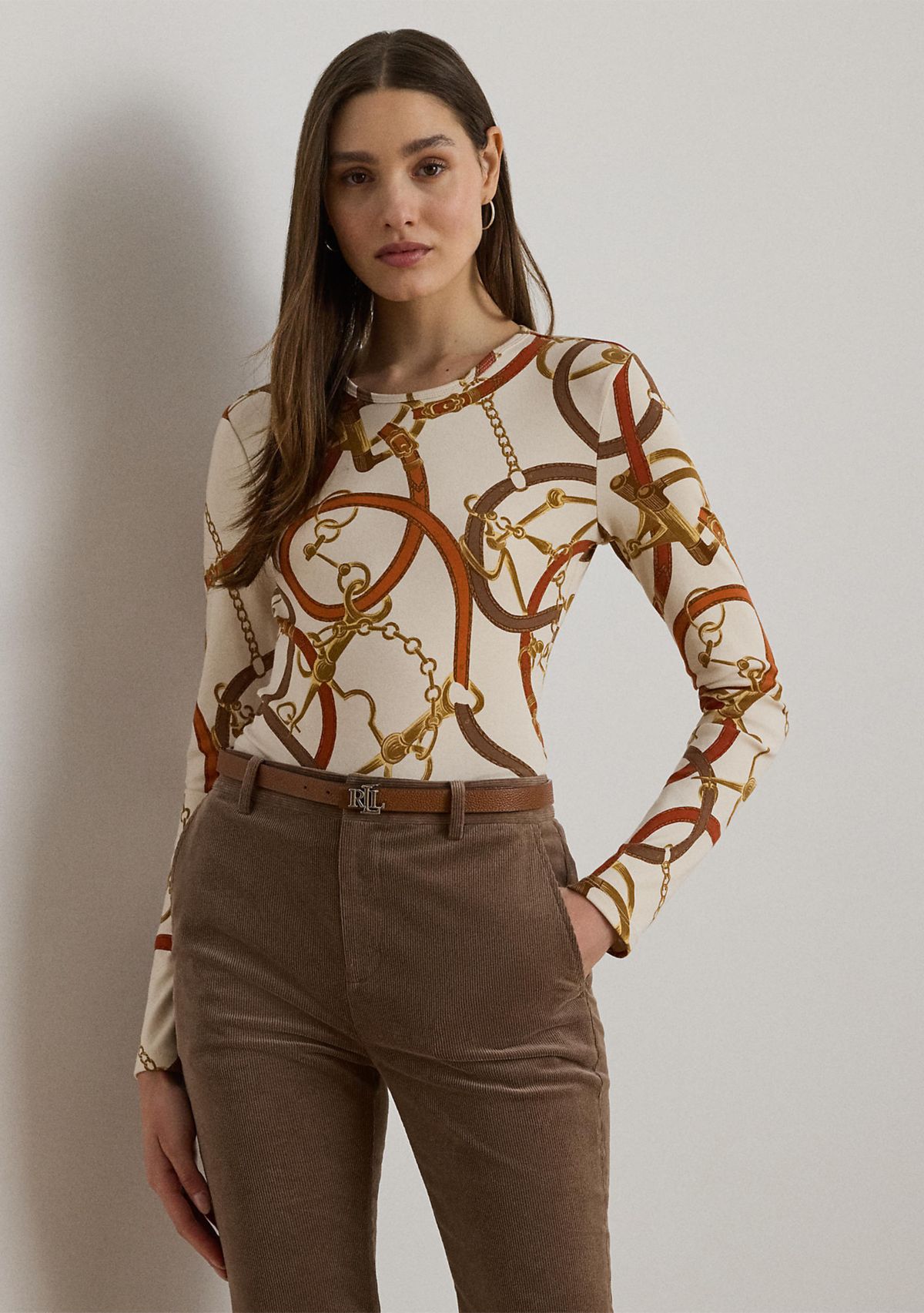 Womens Belting-Print Cotton Long-Sleeve Tee