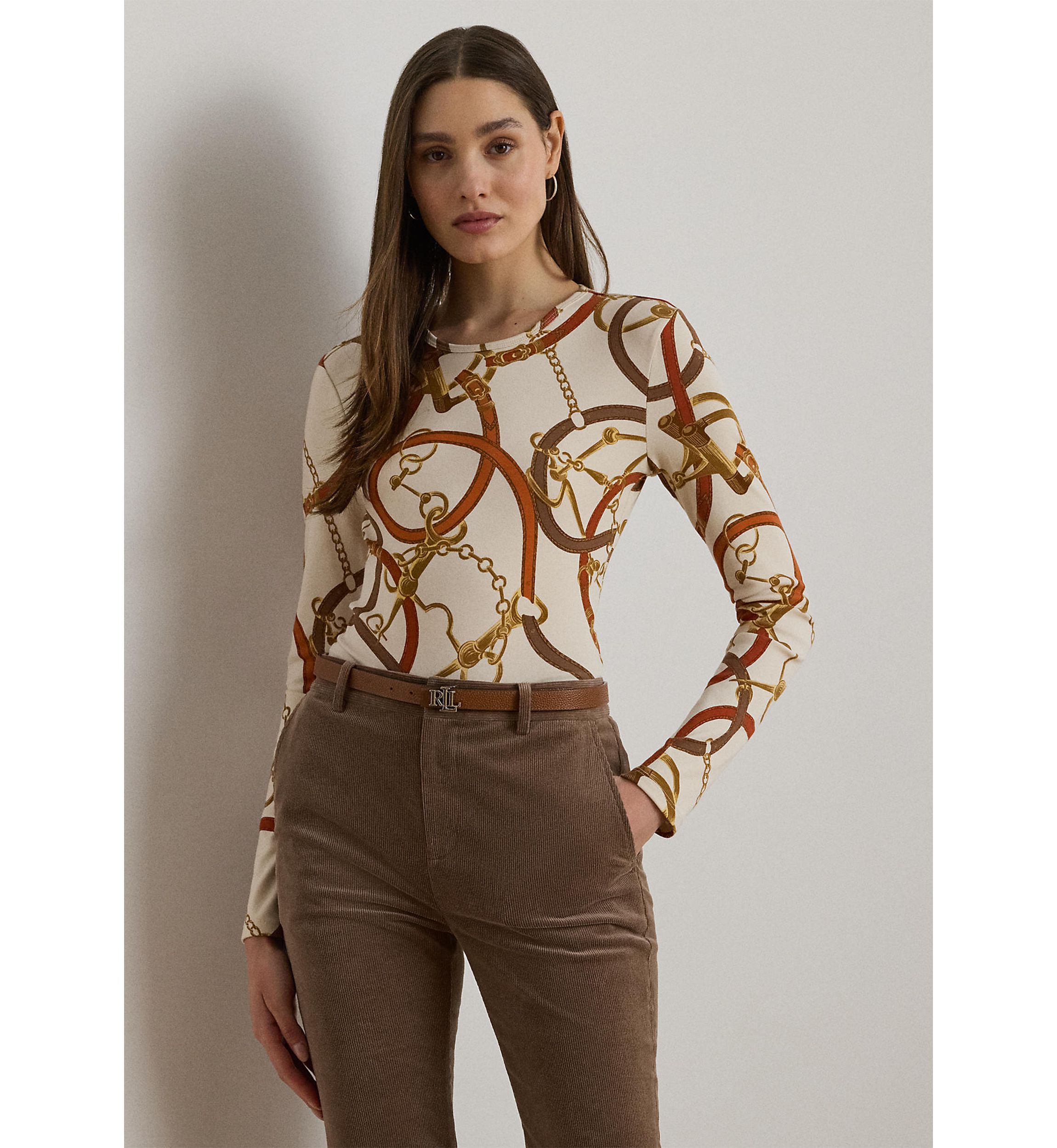 Womens Belting-Print Cotton Long-Sleeve Tee