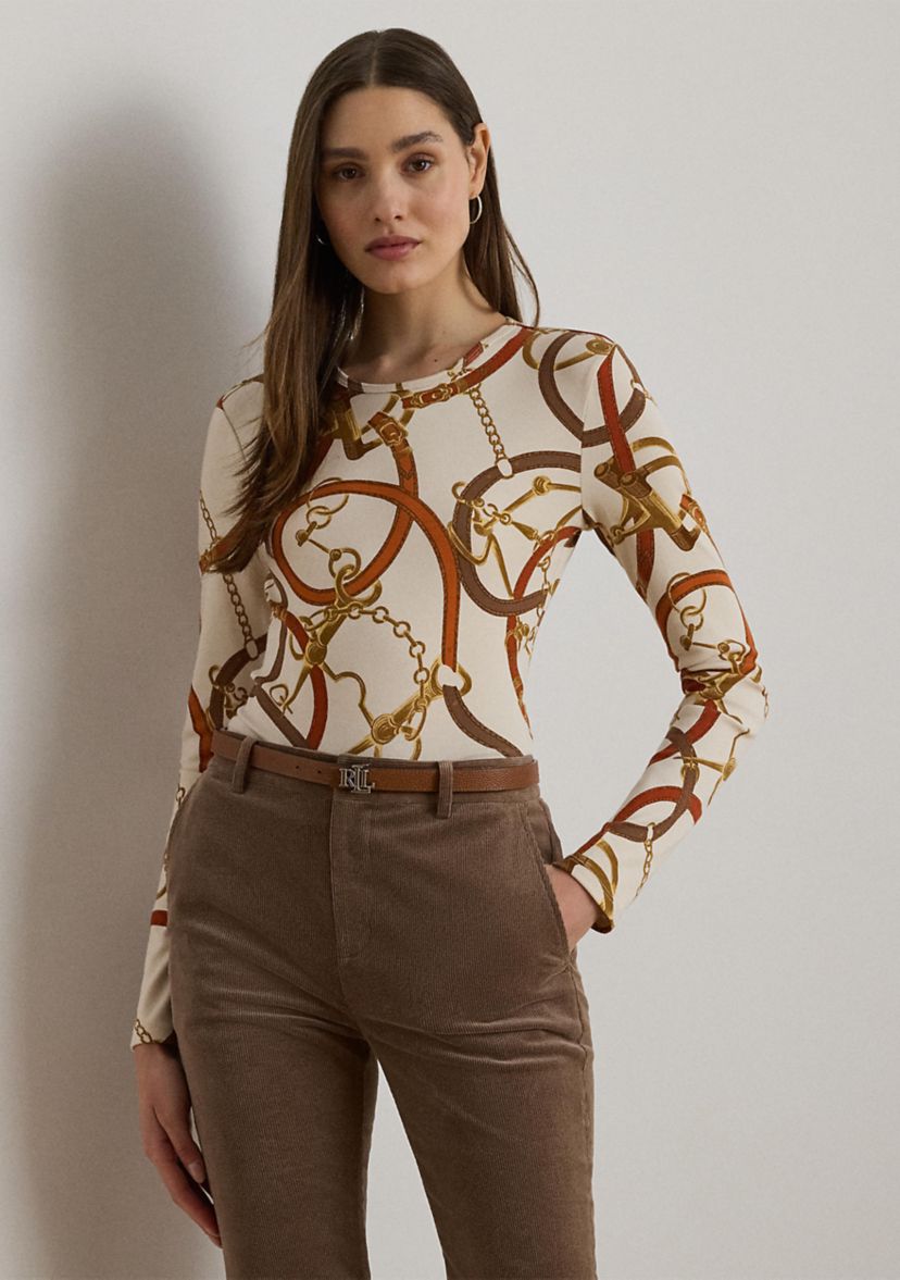 Womens Belting-Print Cotton Long-Sleeve Tee