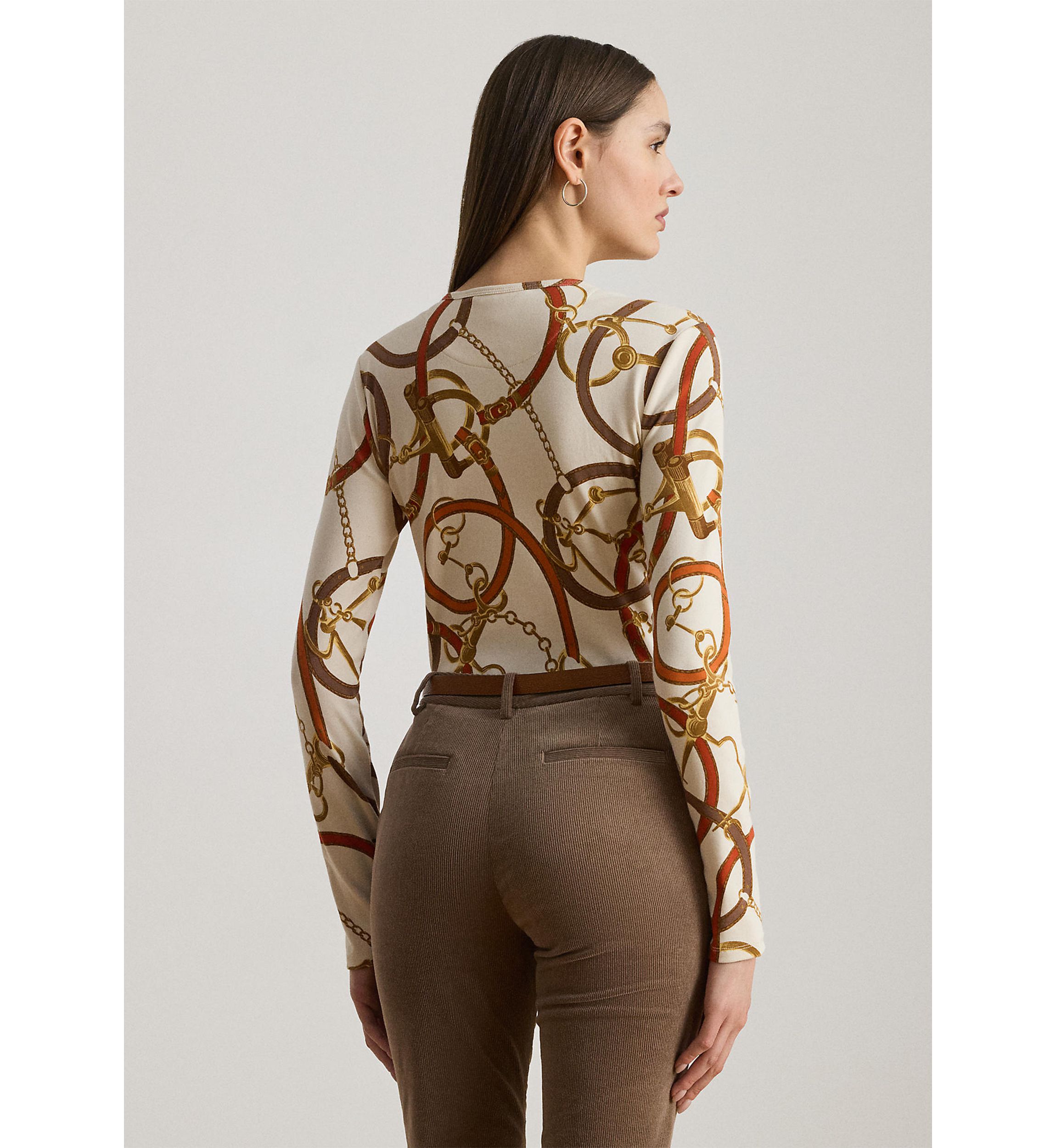 Womens Belting-Print Cotton Long-Sleeve Tee