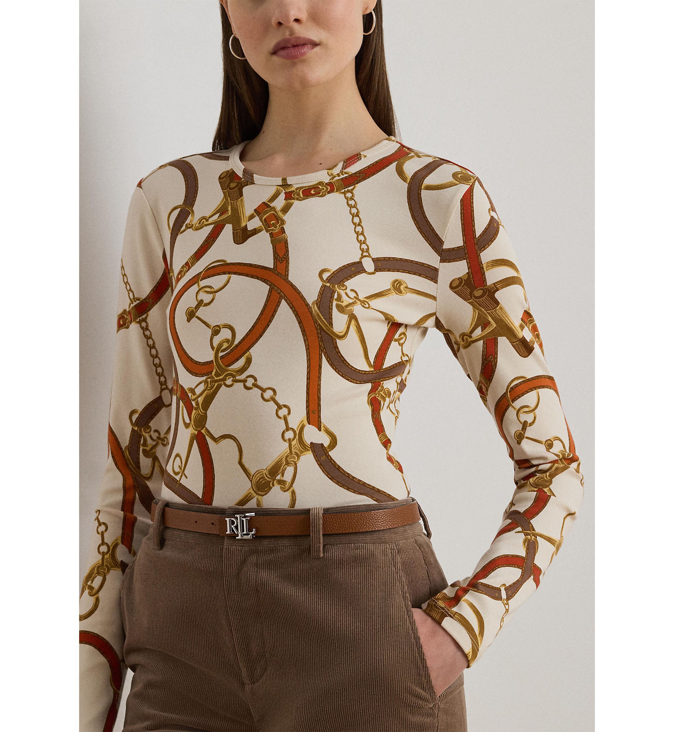 Womens Belting-Print Cotton Long-Sleeve Tee