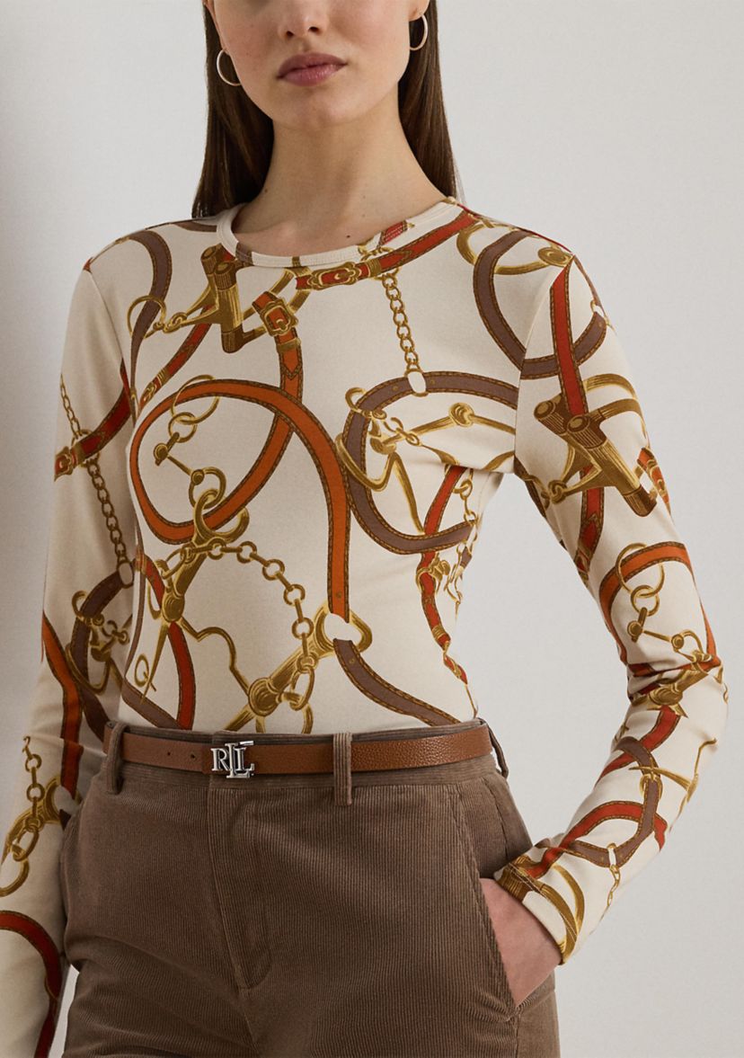Womens Belting-Print Cotton Long-Sleeve Tee
