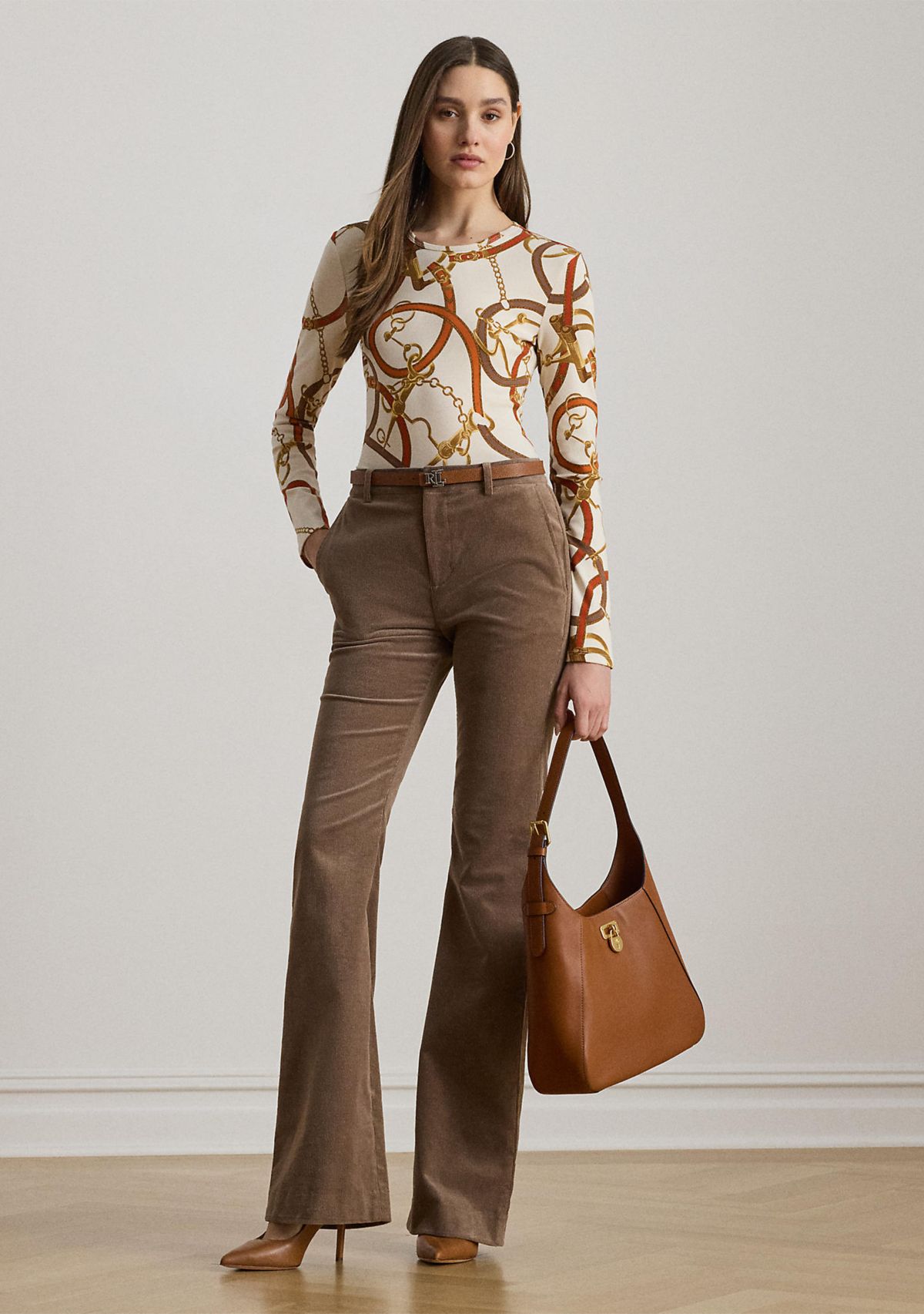 Womens Belting-Print Cotton Long-Sleeve Tee