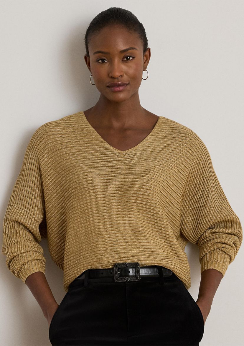 Womens Metallic Rib-Knit Dolman-Sleeve Sweater