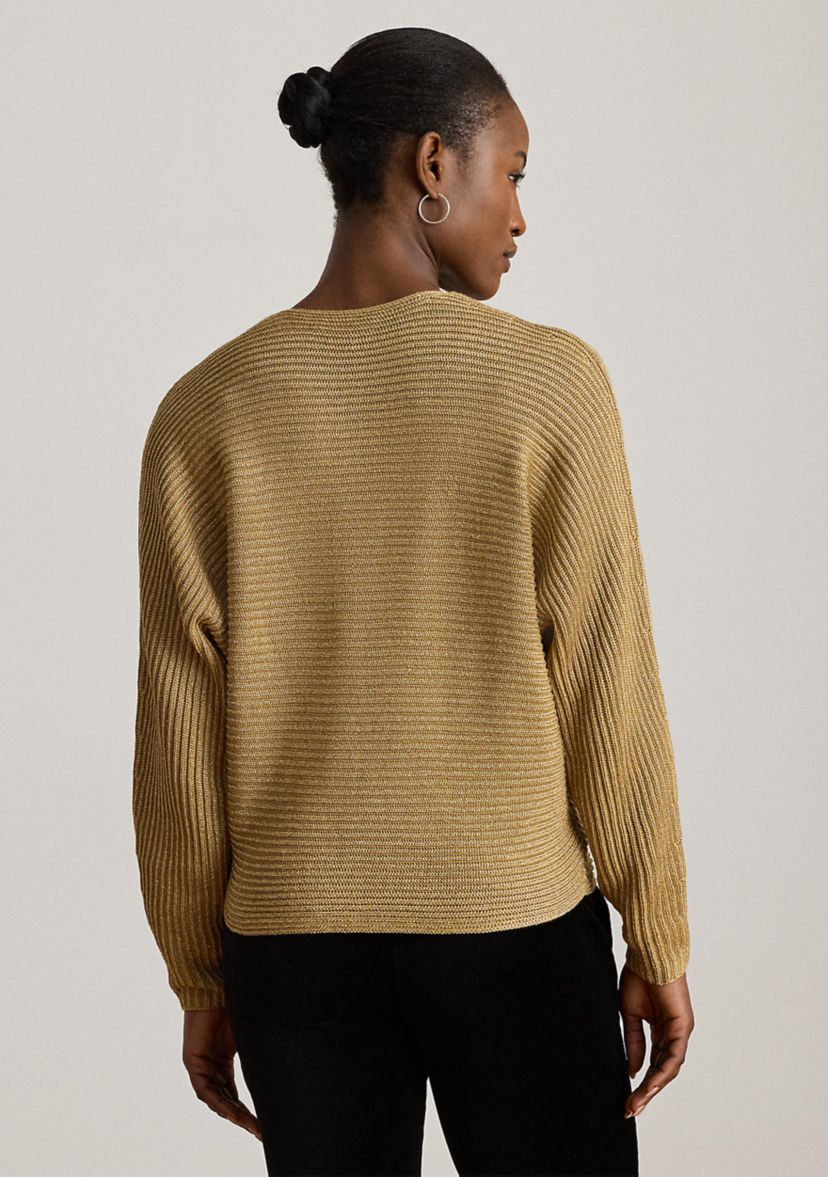 Womens Metallic Rib-Knit Dolman-Sleeve Sweater