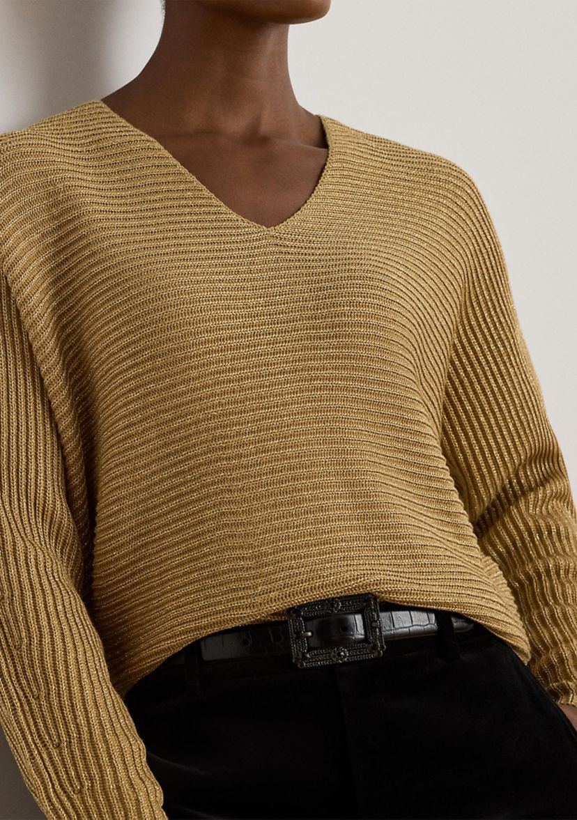 Womens Metallic Rib-Knit Dolman-Sleeve Sweater