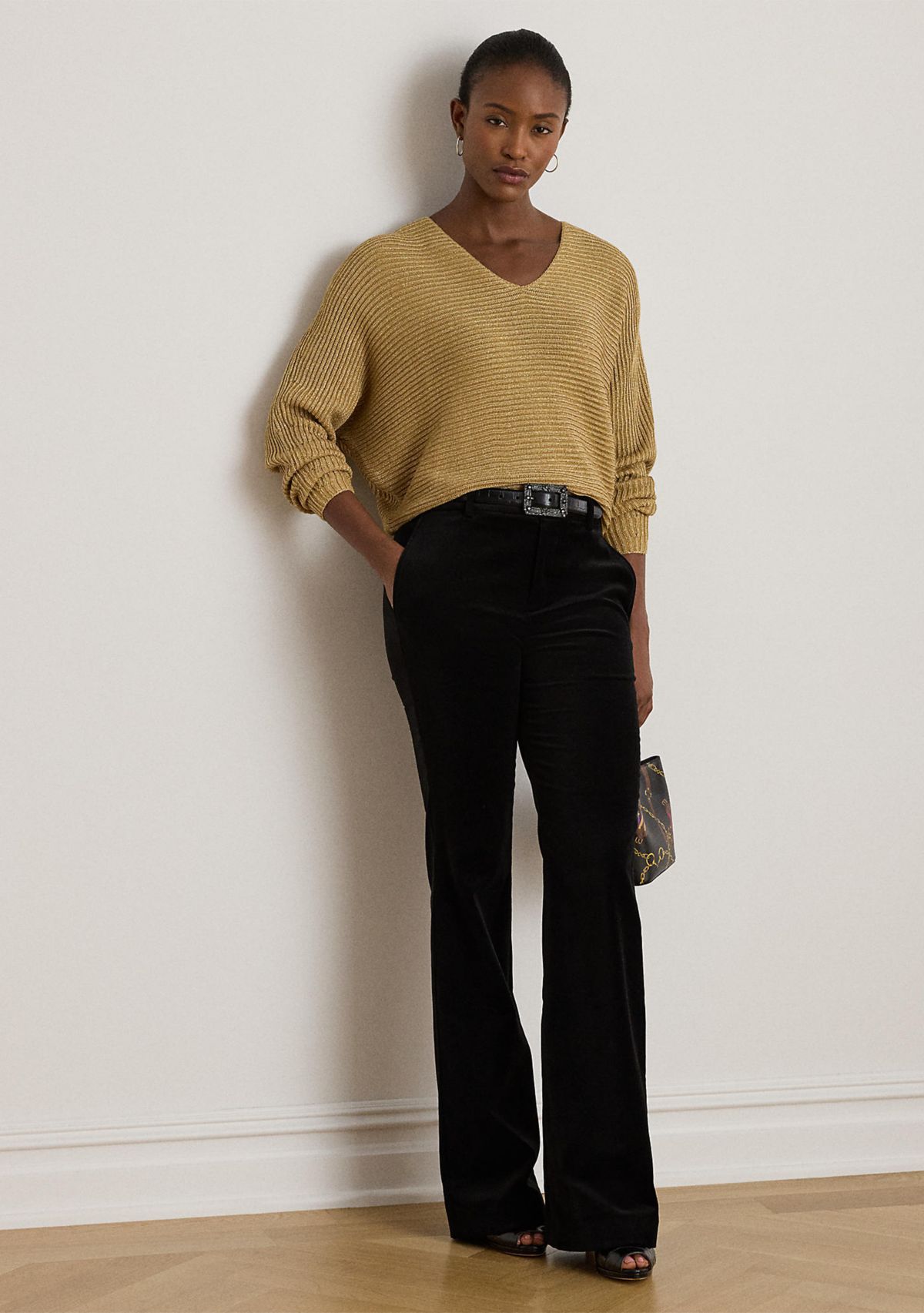 Womens Metallic Rib-Knit Dolman-Sleeve Sweater