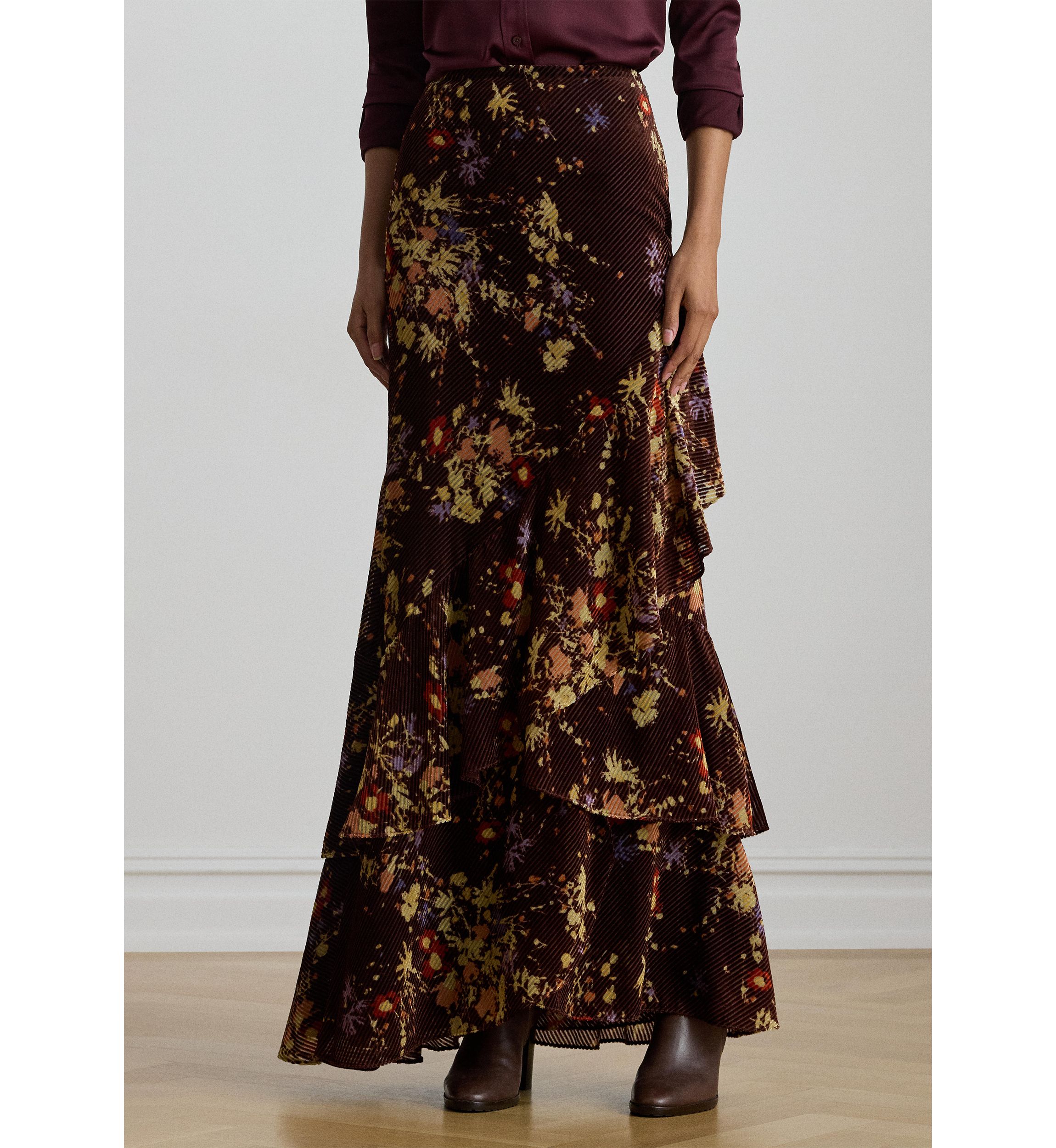 Womens Floral Burnout Velvet Tiered Maxiskirt