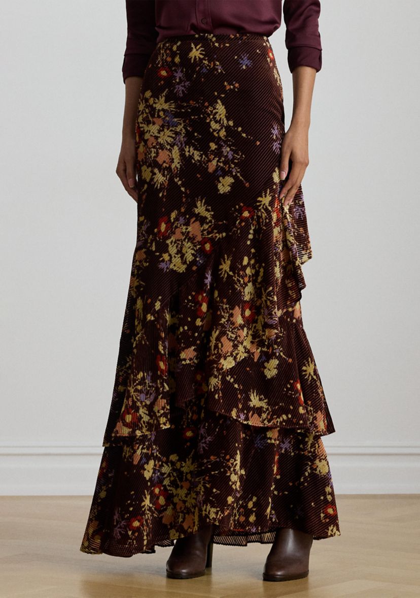 Womens Floral Burnout Velvet Tiered Maxiskirt