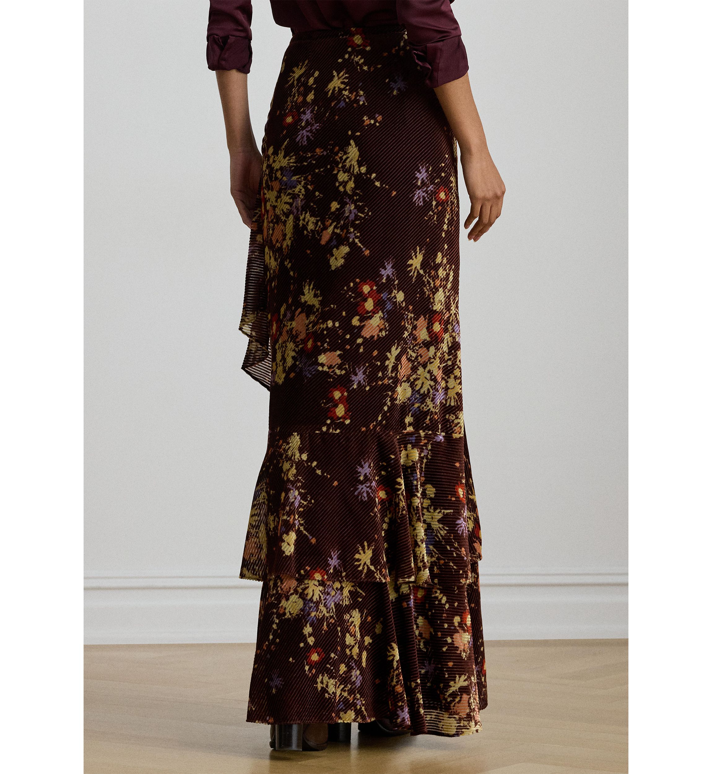 Womens Floral Burnout Velvet Tiered Maxiskirt