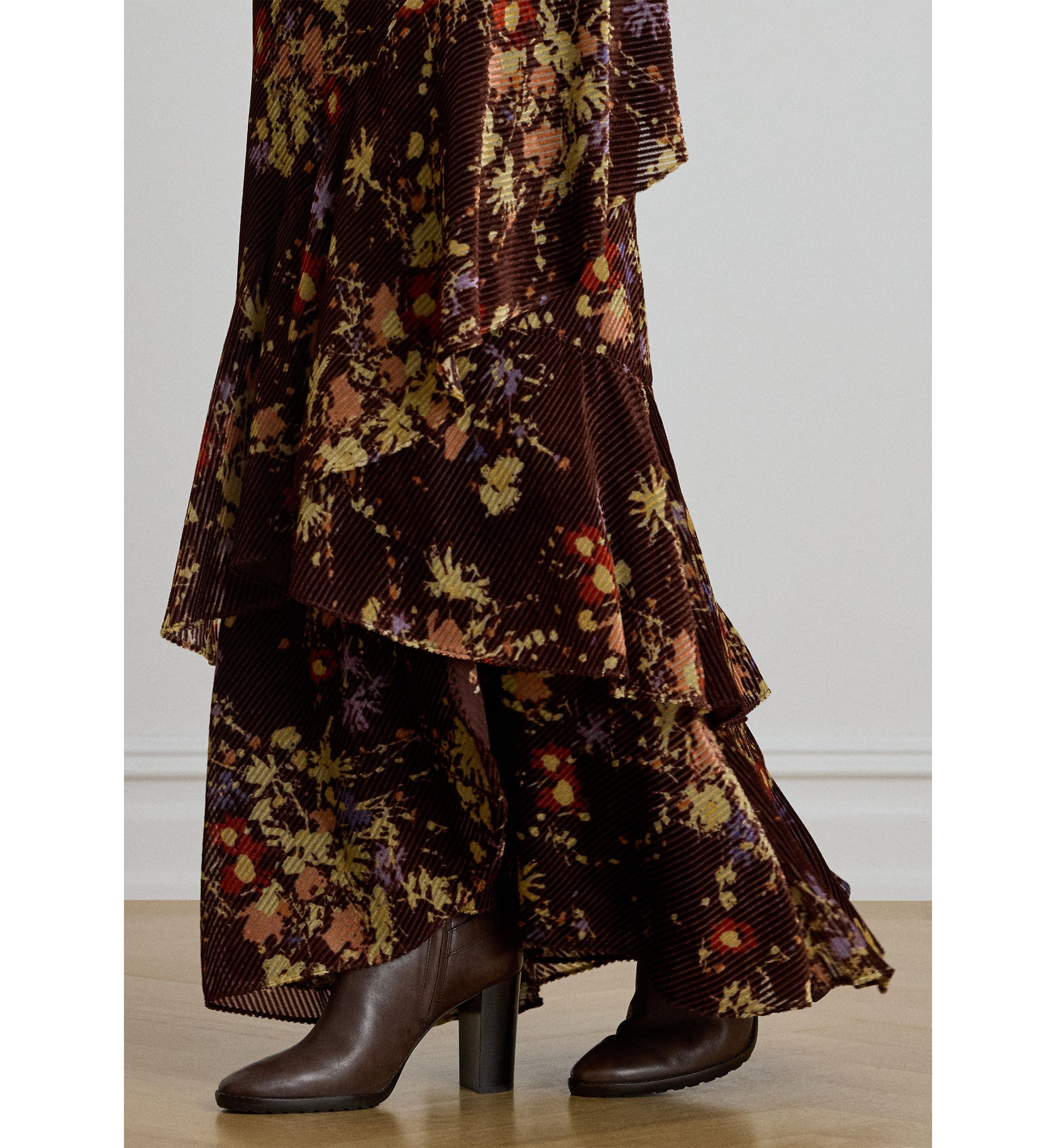 Womens Floral Burnout Velvet Tiered Maxiskirt