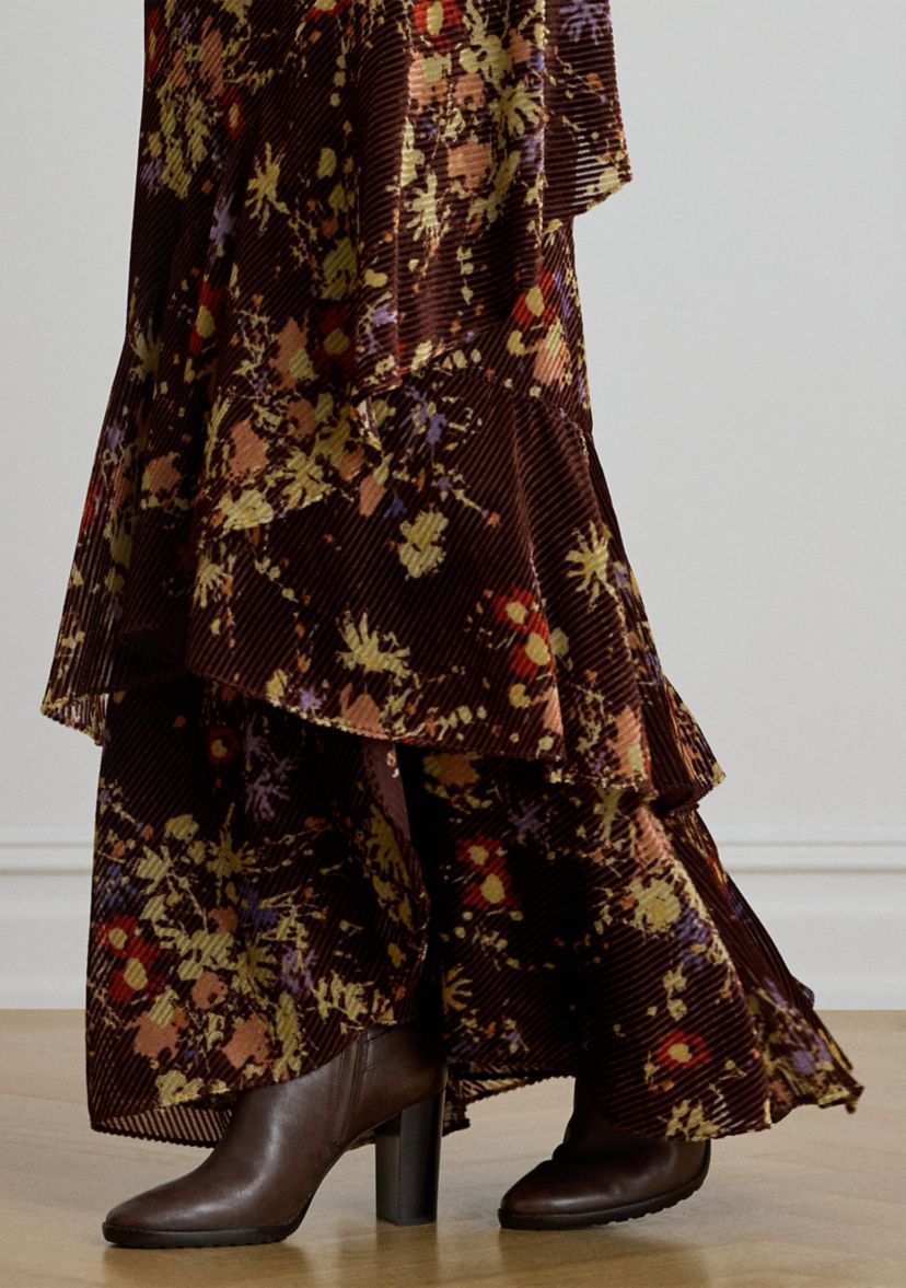 Womens Floral Burnout Velvet Tiered Maxiskirt