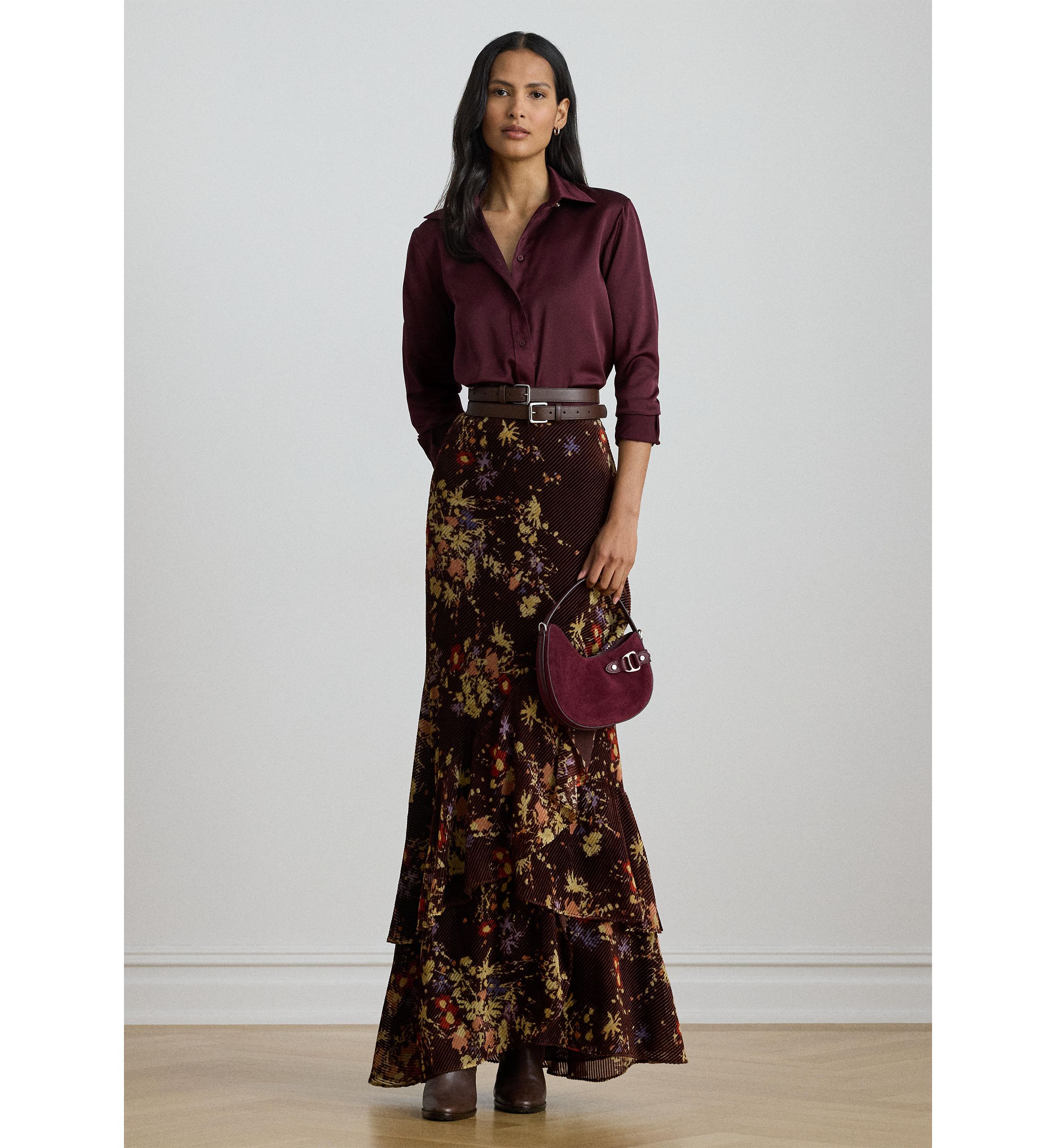 Womens Floral Burnout Velvet Tiered Maxiskirt