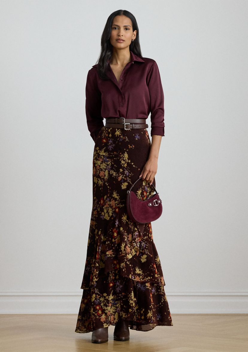 Womens Floral Burnout Velvet Tiered Maxiskirt