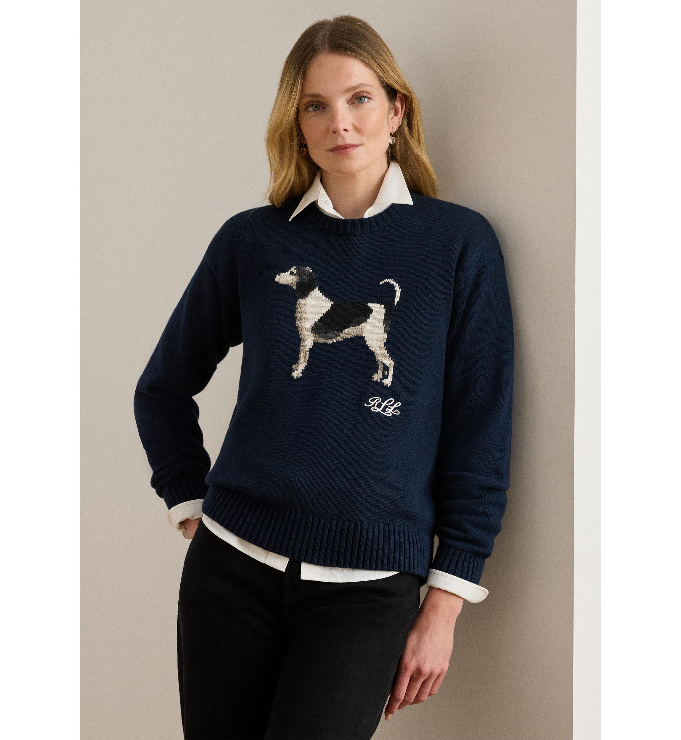 Womens Intarsia-Knit Dog Cotton Sweater
