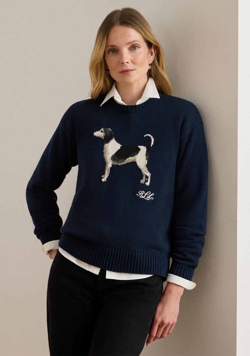 Womens Intarsia-Knit Dog Cotton Sweater