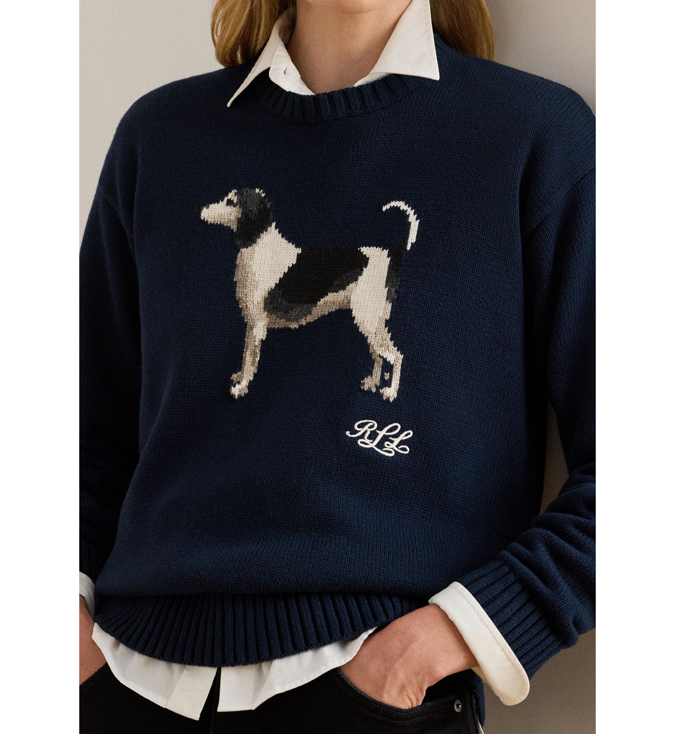 Womens Intarsia-Knit Dog Cotton Sweater