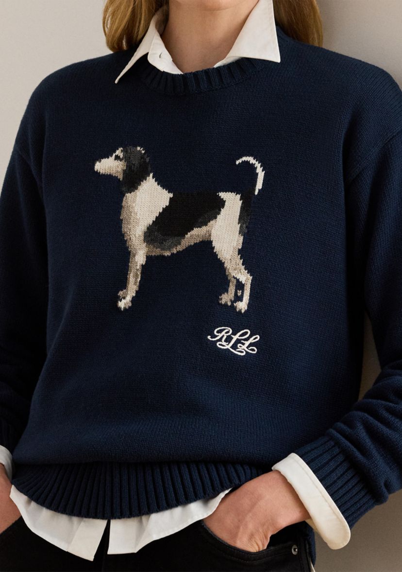 Womens Intarsia-Knit Dog Cotton Sweater