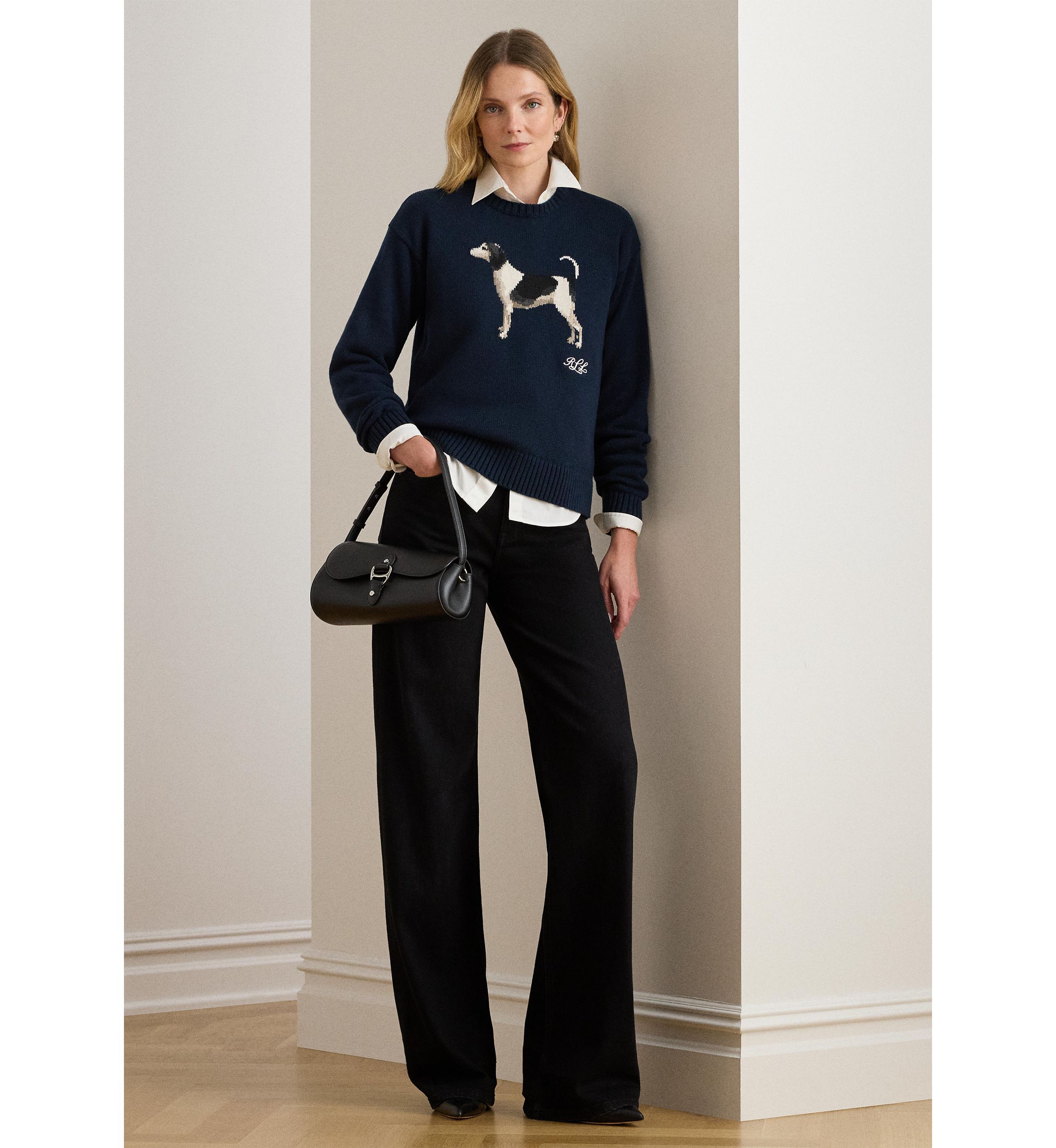 Womens Intarsia-Knit Dog Cotton Sweater