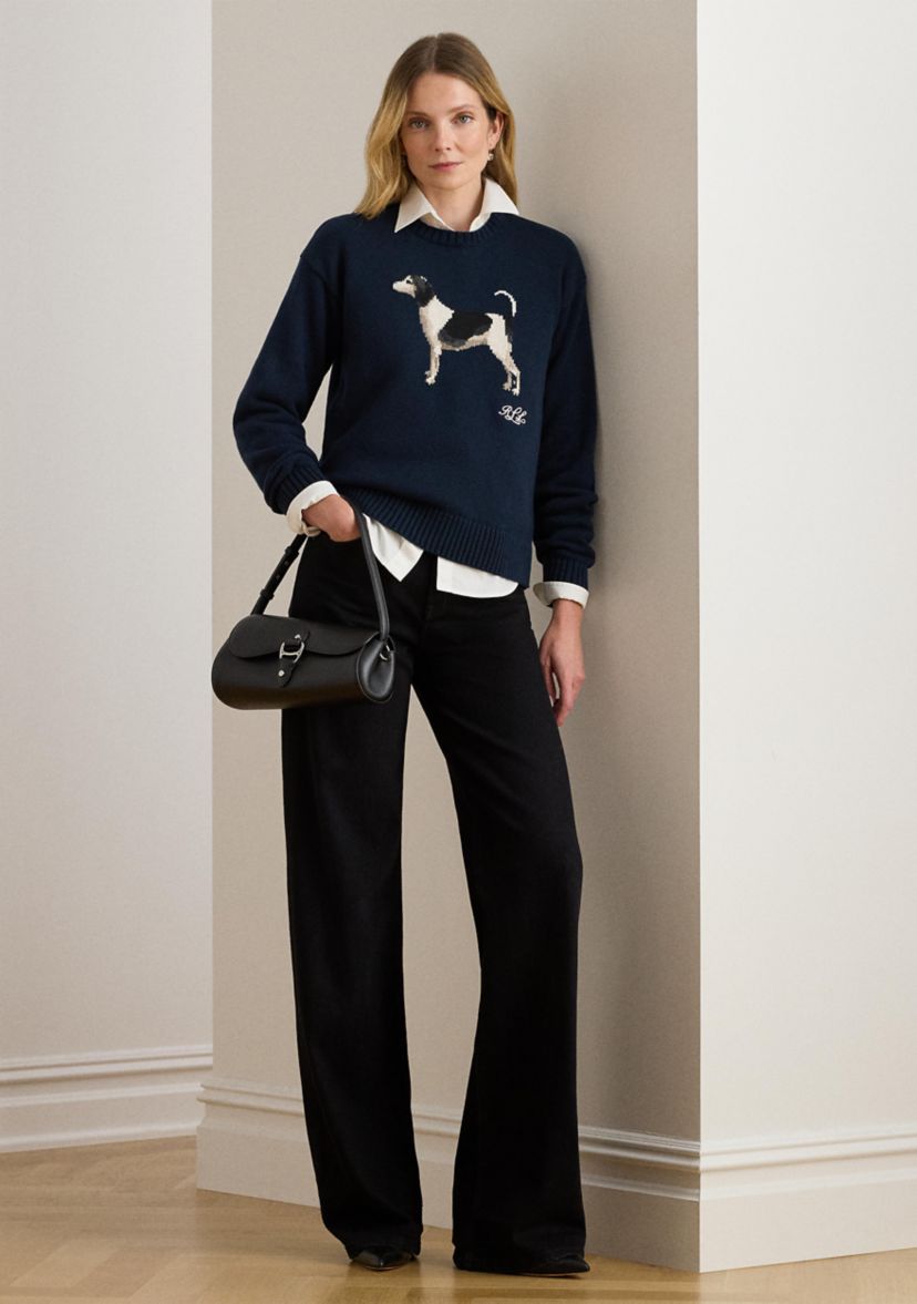 Womens Intarsia-Knit Dog Cotton Sweater