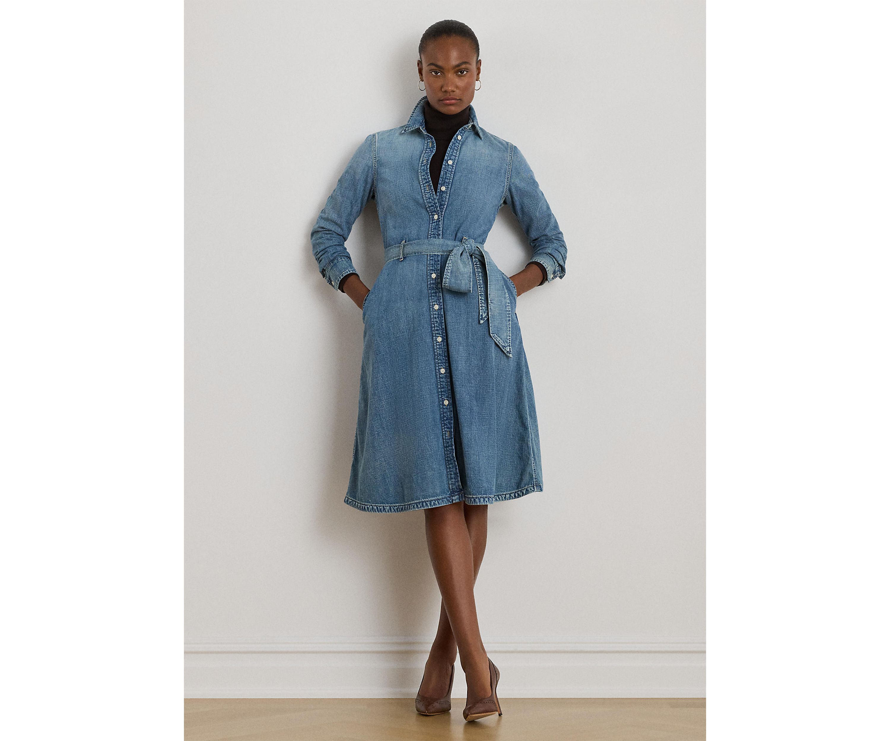 Womens Belted Denim Shirtdress