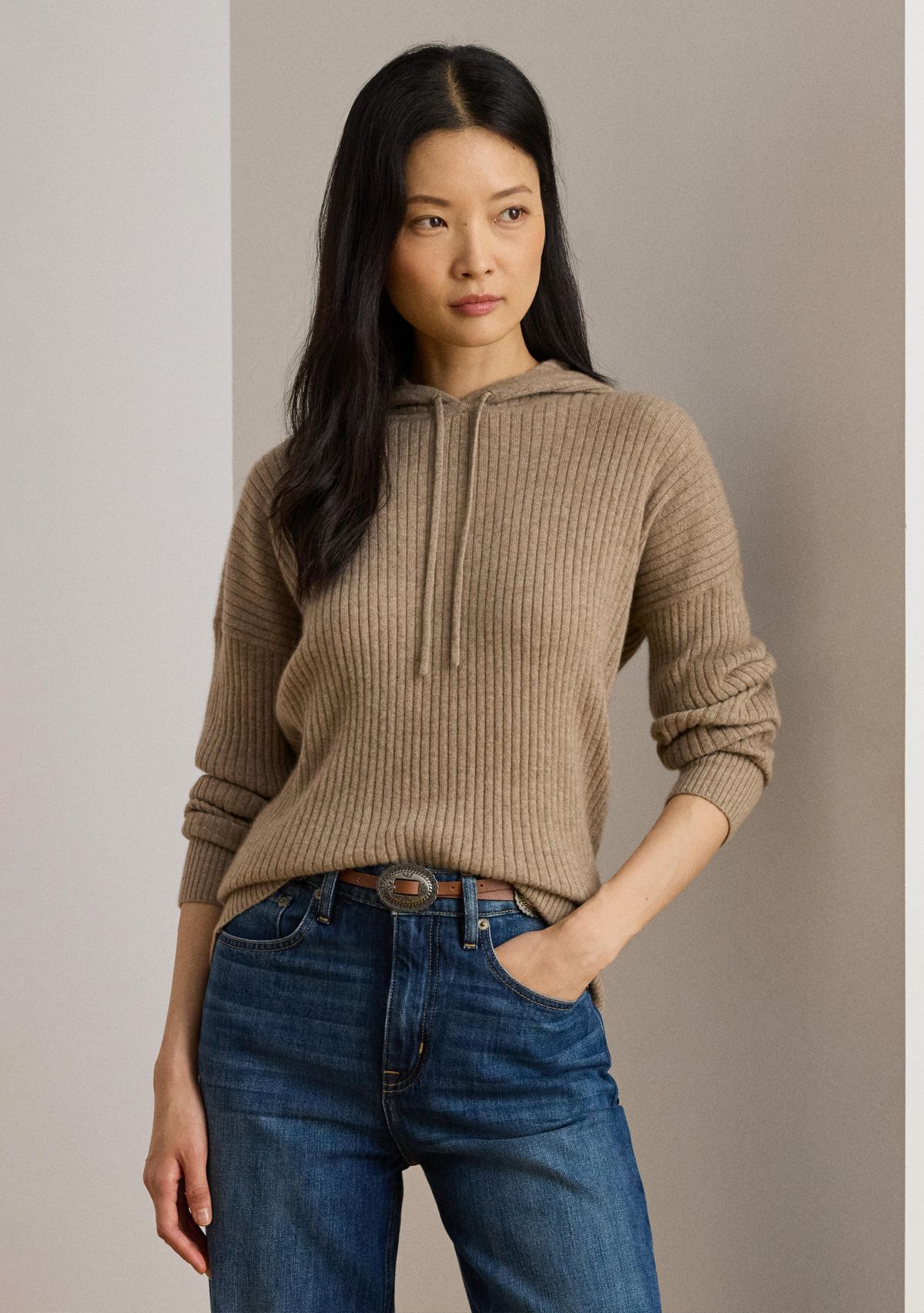 Womens Rib-Knit Cashmere Sweater Hoodie