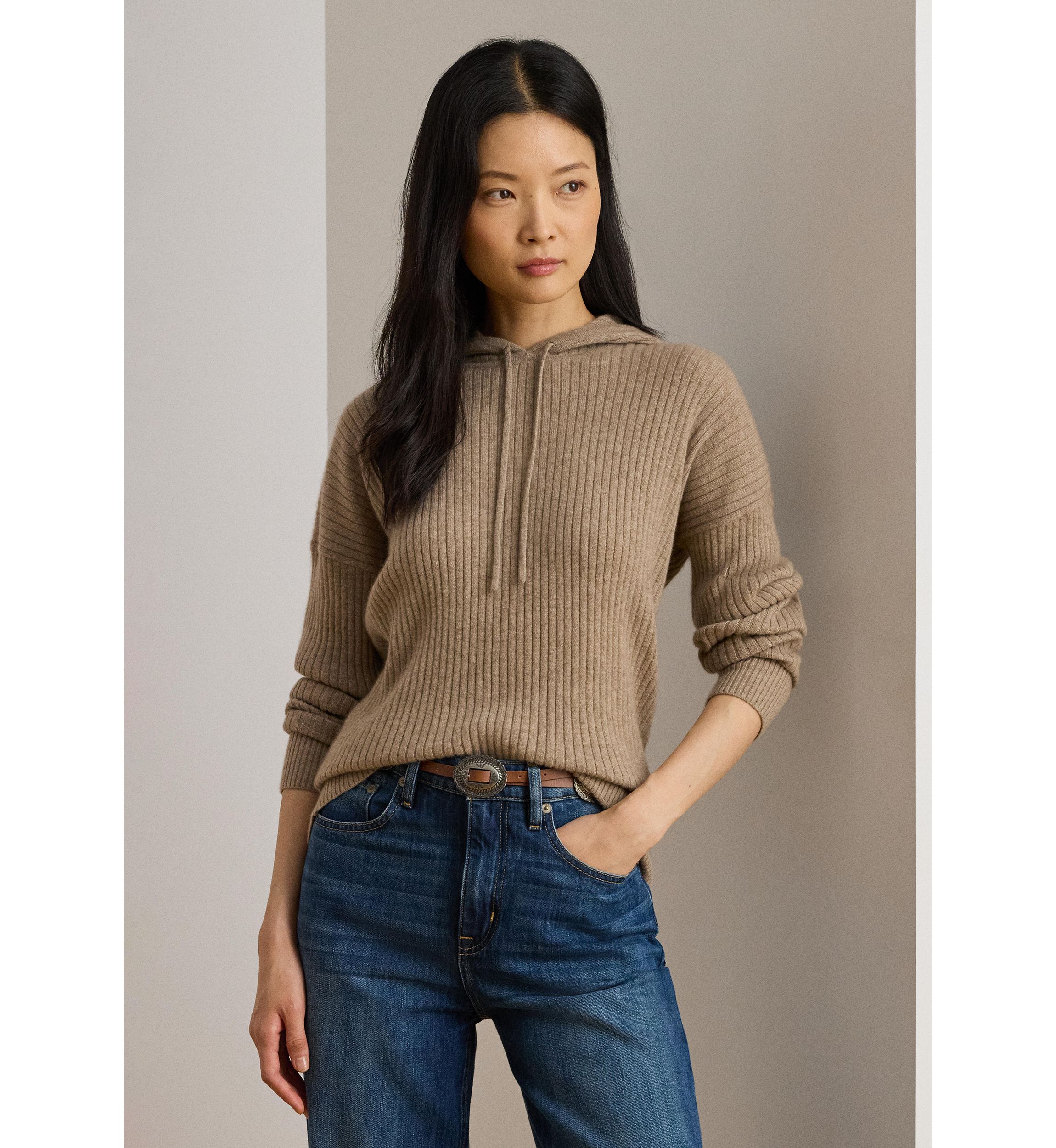 Womens Rib-Knit Cashmere Sweater Hoodie