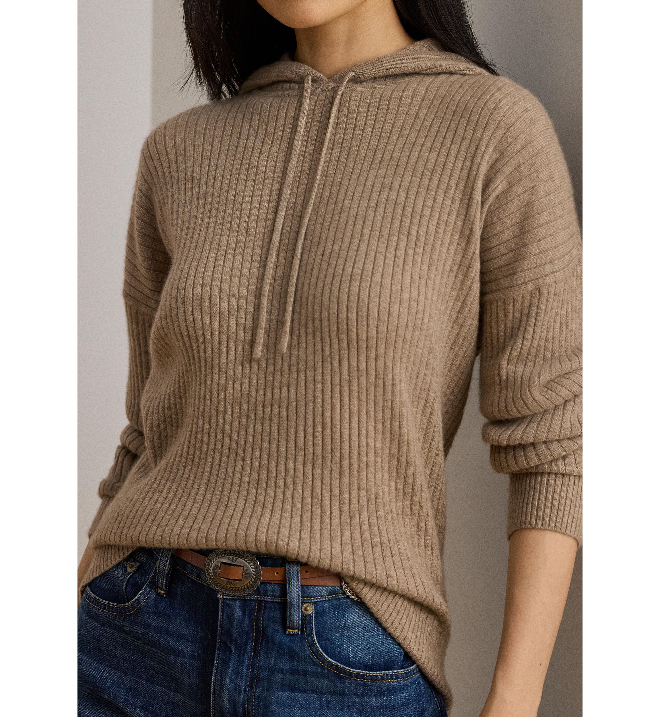 Womens Rib-Knit Cashmere Sweater Hoodie