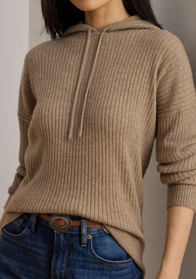 Womens Rib-Knit Cashmere Sweater Hoodie