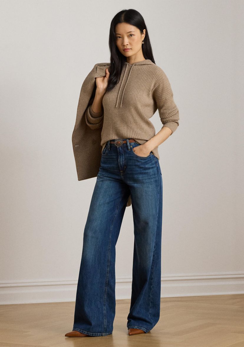 Womens Rib-Knit Cashmere Sweater Hoodie