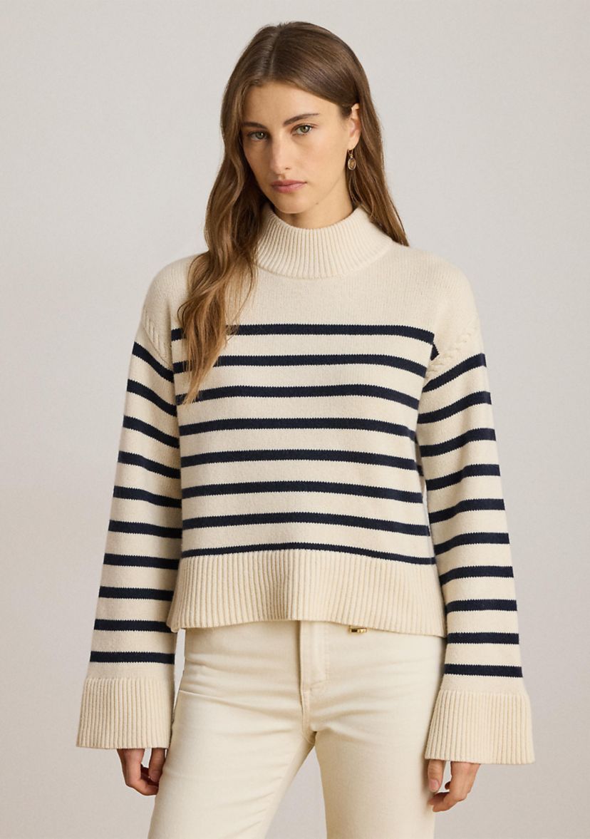 Womens Striped Wool-Blend Mock neck Sweater