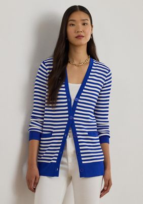 Lauren Ralph Lauren Women's Striped Rib-Knit V-Neck Cardigan, Blue, XL