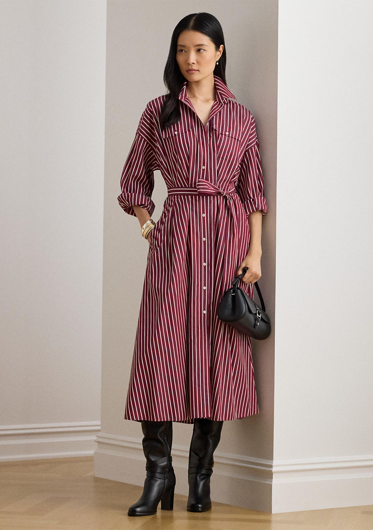 Womens Striped Belted Broadcloth Shirtdress