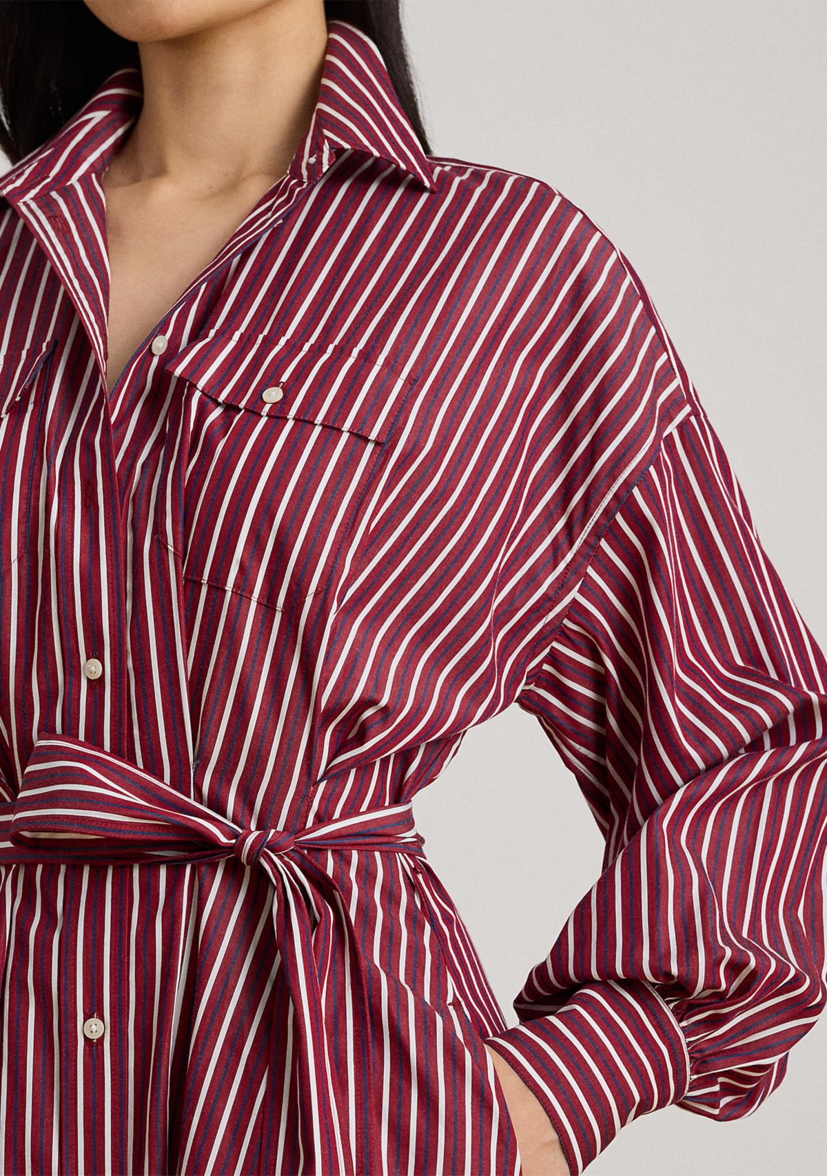 Womens Striped Belted Broadcloth Shirtdress