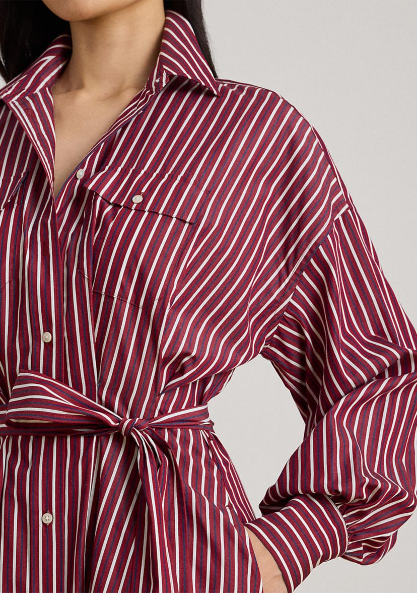 Womens Striped Belted Broadcloth Shirtdress