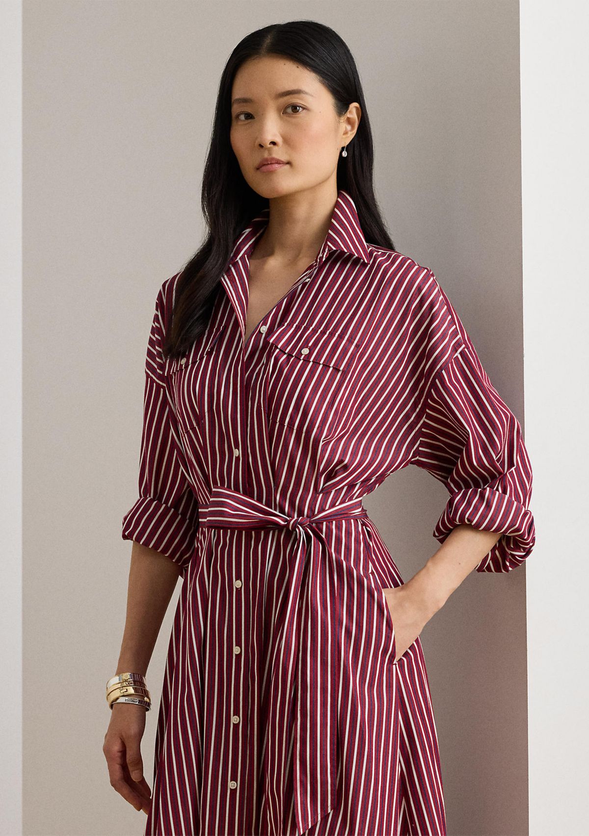 Womens Striped Belted Broadcloth Shirtdress