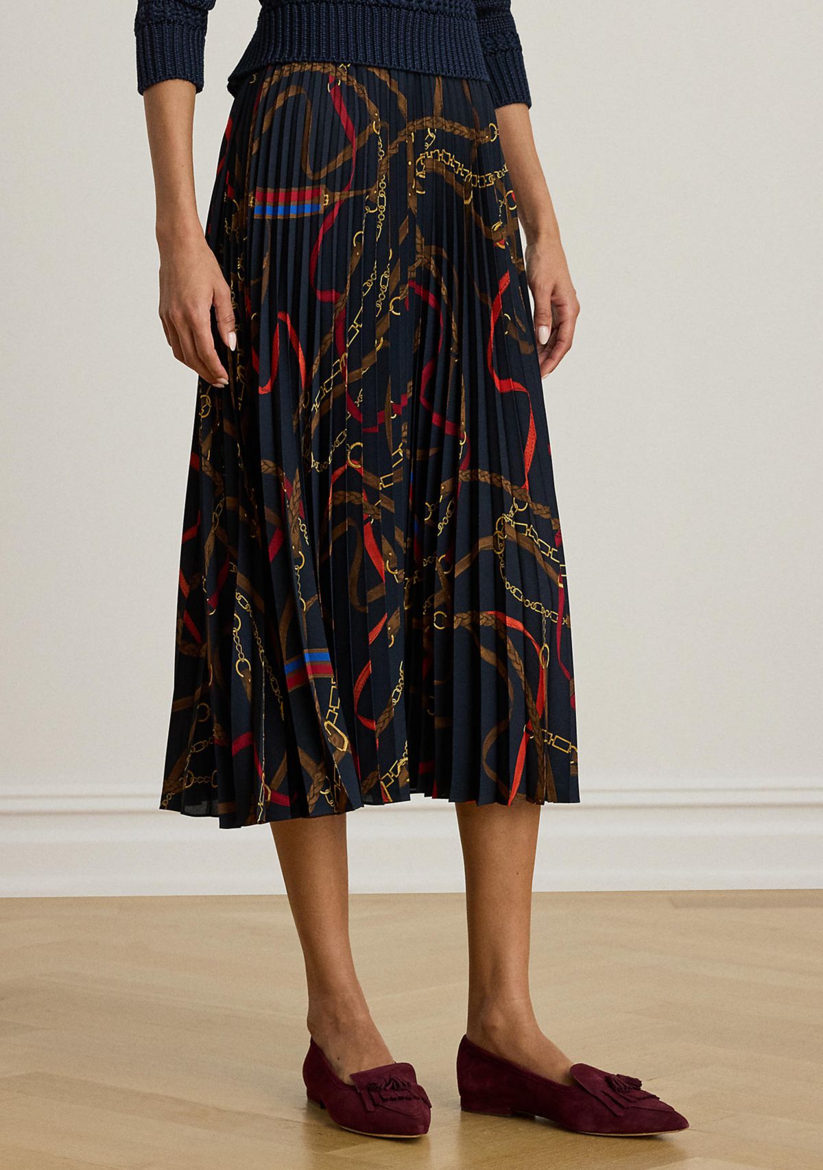 Womens Belting-Print Pleated Georgette Skirt