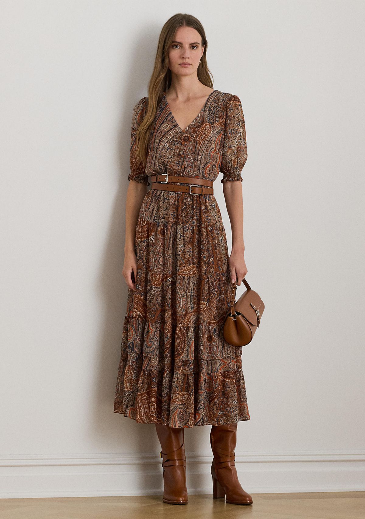 Womens Paisley Belted Crinkle Georgette Dress